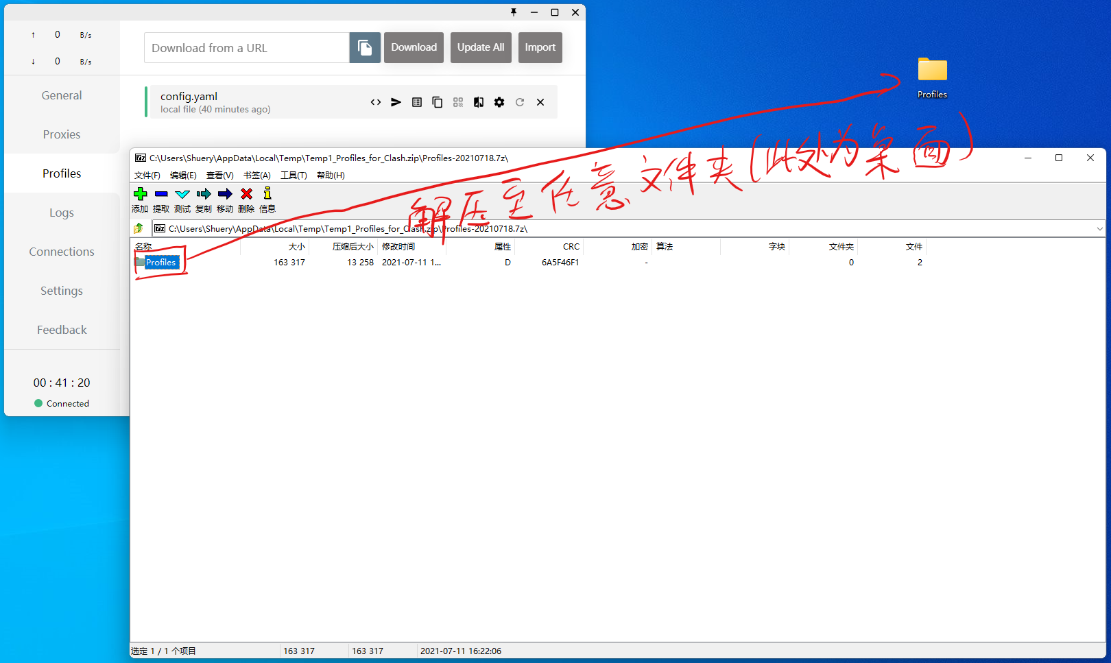 Clash for Windows-本地导入-通过 Import 按钮导入-解压 Profiles 文件夹